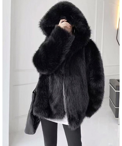 セール】ボリュームフェイクファーフーデッドコート（その他アウター