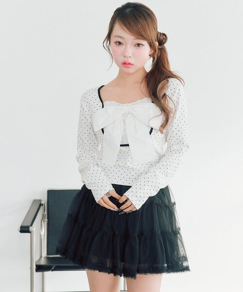 OLIVE des OLIVE（オリーブデオリーブ）の「Bloom Ribbon TOPS（Tシャツ/カットソー・レディース・ピンク/トップグレー/オフホワイト/ブラック/サックスブルー・FREE）」の20枚目の写真