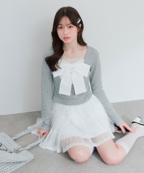 OLIVE des OLIVE（オリーブデオリーブ）の「Bloom Ribbon TOPS（Tシャツ/カットソー・レディース・ピンク/トップグレー/オフホワイト/ブラック/サックスブルー・FREE）」の8枚目の写真