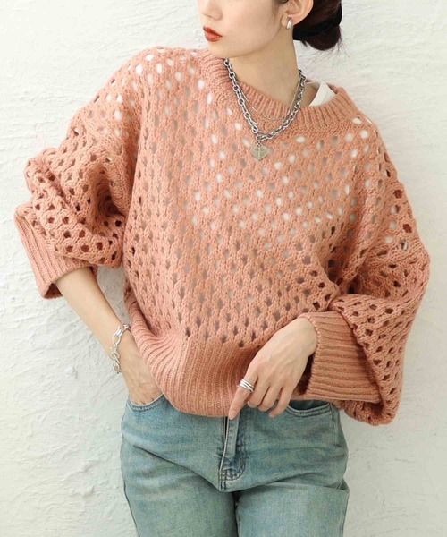 Sawa a la mode(サワアラモード)の「ざっくりメッシュニットトップス(ニット/セーター・レディース・チャコールグレー/ブルー/ベージュ/ピンク・FREE)」の4枚目の写真