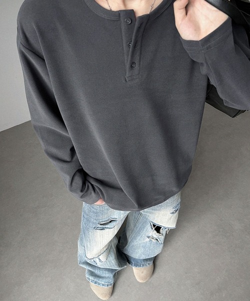 SHEPP(シープ)の「【26年春夏新作】起毛プルオーバーヘンリーネックロンT(Tシャツ/カットソー・メンズ・チャコール/アイボリー/ブラック/ホワイト・L/M)」の12枚目の写真