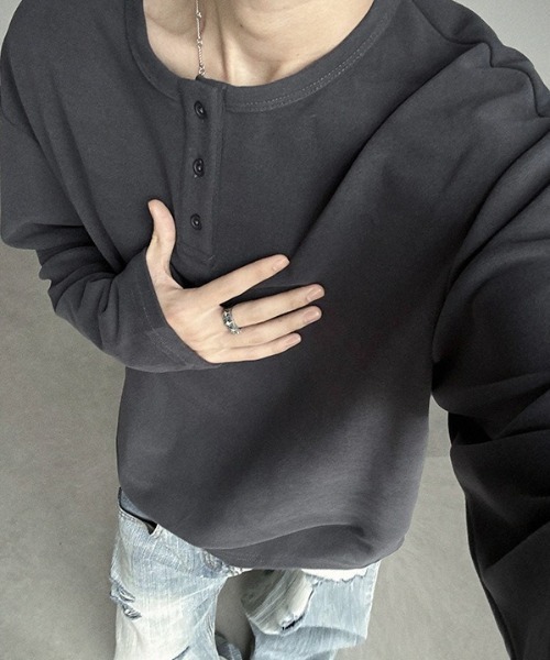 SHEPP(シープ)の「【26年春夏新作】起毛プルオーバーヘンリーネックロンT(Tシャツ/カットソー・メンズ・チャコール/アイボリー/ブラック/ホワイト・L/M)」の14枚目の写真