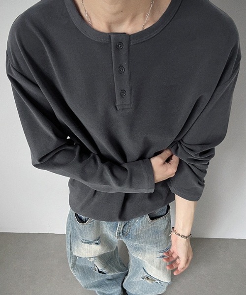 SHEPP(シープ)の「【26年春夏新作】起毛プルオーバーヘンリーネックロンT(Tシャツ/カットソー・メンズ・チャコール/アイボリー/ブラック/ホワイト・L/M)」の9枚目の写真