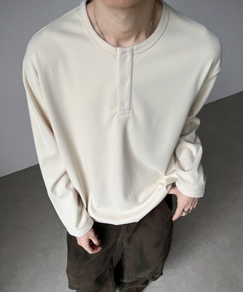 SHEPP(シープ)の「【26年春夏新作】起毛プルオーバーヘンリーネックロンT(Tシャツ/カットソー・メンズ・チャコール/アイボリー/ブラック/ホワイト・L/M)」の7枚目の写真