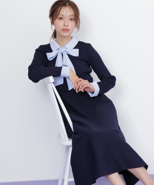 シャツ襟ドッキングニットワンピース（ワンピース）｜JILL by JILL