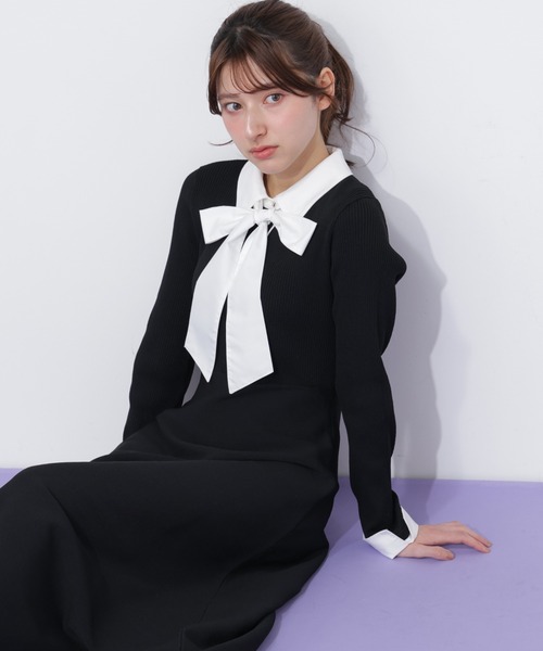 シャツ襟ドッキングニットワンピース（ワンピース）｜JILL by JILL
