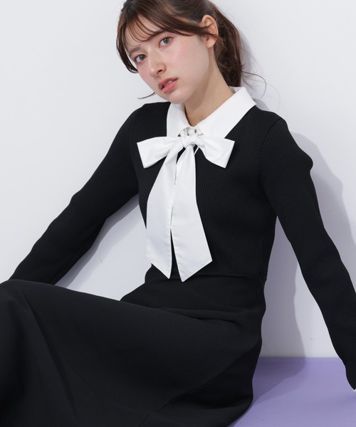 シャツ襟ドッキングニットワンピース（ワンピース）｜JILL by JILL