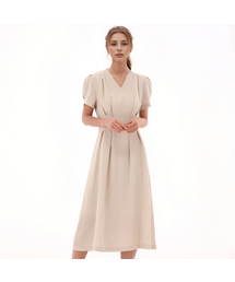 V neck Linen Dress _Beige