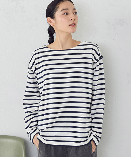 ONIGIRI（オニギリ）の「ハンドステッチ風 ボーダーロンT（Tシャツ/カットソー・レディース・ネイビー/アイボリー・FREE）」の2枚目の写真