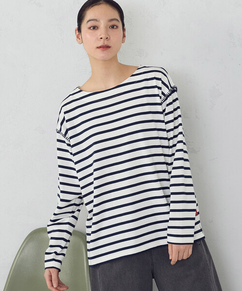 ONIGIRI（オニギリ）の「ハンドステッチ風 ボーダーロンT（Tシャツ/カットソー・レディース・ネイビー/アイボリー・FREE）」の8枚目の写真