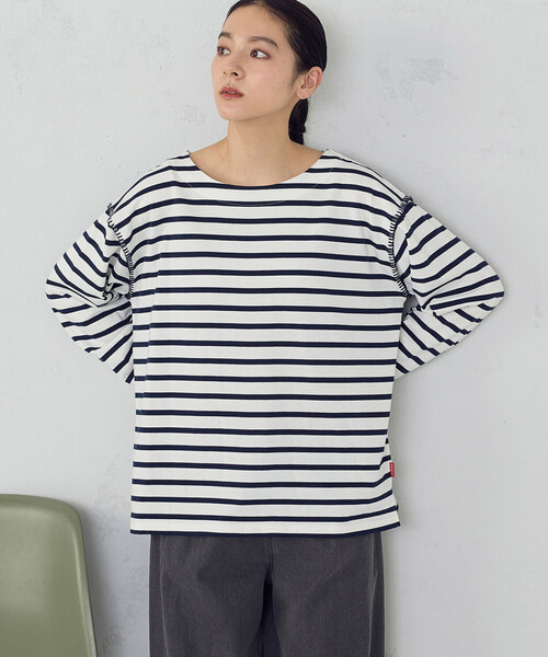 ONIGIRI（オニギリ）の「ハンドステッチ風 ボーダーロンT（Tシャツ/カットソー・レディース・ネイビー/アイボリー・FREE）」の9枚目の写真