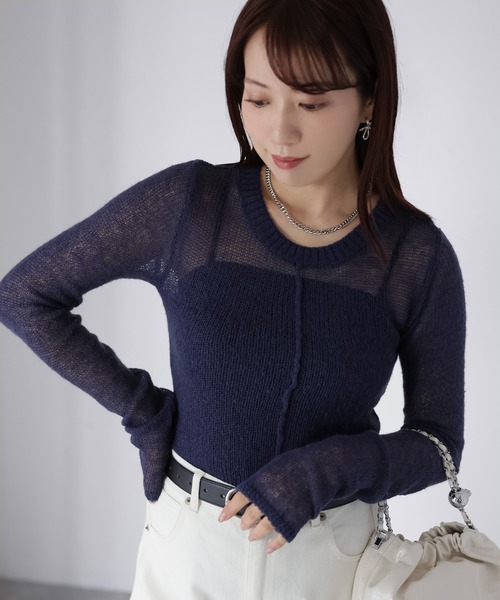 Riberry(リベリー)の「モヘアライク透かし編みニットトップス(ニット/セーター・レディース・オフホワイト/ネイビー/イエロー/ブラウン/ピンク・FREE)」の4枚目の写真