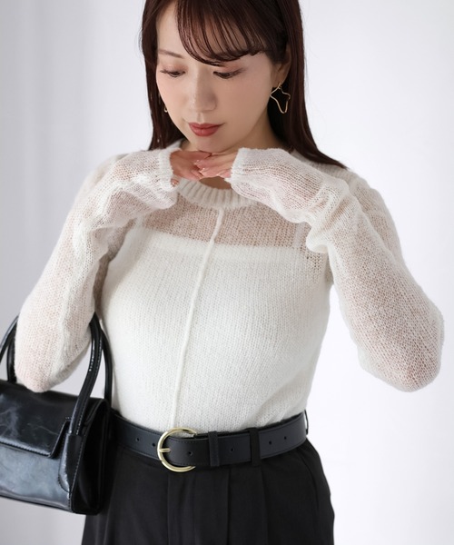 Riberry(リベリー)の「モヘアライク透かし編みニットトップス(ニット/セーター・レディース・オフホワイト/ネイビー/イエロー/ブラウン/ピンク・FREE)」の2枚目の写真