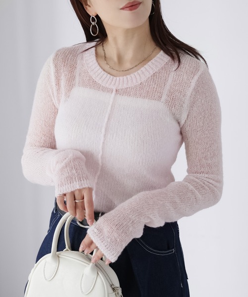 Riberry(リベリー)の「モヘアライク透かし編みニットトップス(ニット/セーター・レディース・オフホワイト/ネイビー/イエロー/ブラウン/ピンク・FREE)」の1枚目の写真