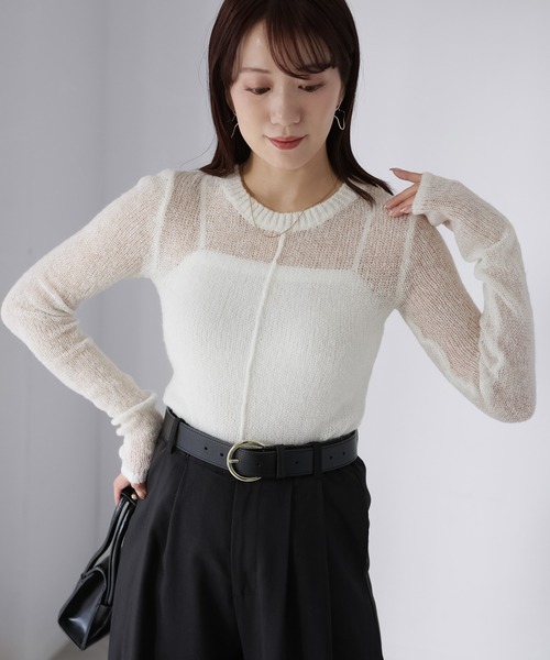 Riberry(リベリー)の「モヘアライク透かし編みニットトップス(ニット/セーター・レディース・オフホワイト/ネイビー/イエロー/ブラウン/ピンク・FREE)」の7枚目の写真