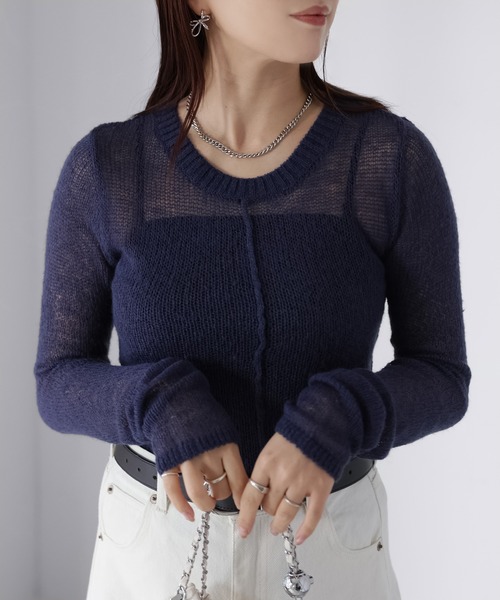 Riberry(リベリー)の「モヘアライク透かし編みニットトップス(ニット/セーター・レディース・オフホワイト/ネイビー/イエロー/ブラウン/ピンク・FREE)」の12枚目の写真