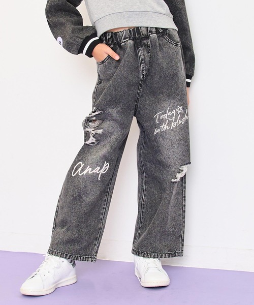 ANAP kids（アナップキッズ）の「メッセージロゴクラッシュデニムワイドパンツ（その他パンツ・キッズ・ブラック/ブルー・130/120/110）」の2枚目の写真