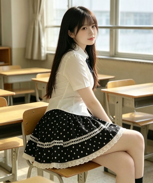 gossip!ロサンゼルス(ゴシップロサンゼルス)の「「春夏新作」ドット レース切り替えゴムウエス ティアード ミニスカート「韓国ファッションガーリー定番」(スカート・レディース・ドット・M)」の14枚目の写真