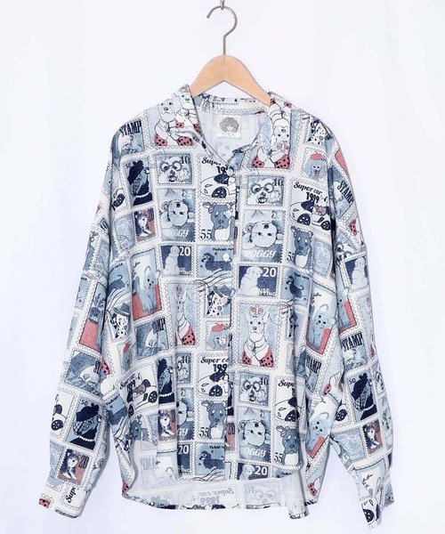 ScoLar(スカラー)の「161605:わんorにゃんスタンプ柄 ワッシャーシャツ(シャツ/ブラウス・レディース・オフホワイト/ブルー・M)」の1枚目の写真