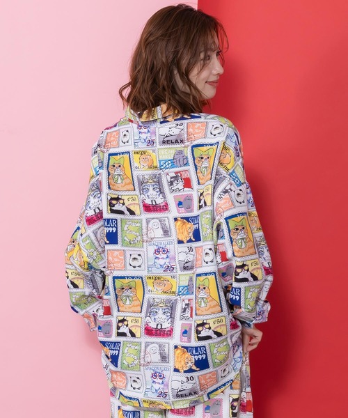 ScoLar(スカラー)の「161605:わんorにゃんスタンプ柄 ワッシャーシャツ(シャツ/ブラウス・レディース・オフホワイト/ブルー・M)」の6枚目の写真