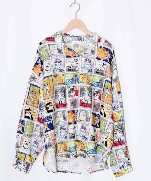 ScoLar(スカラー)の「161605:わんorにゃんスタンプ柄 ワッシャーシャツ(シャツ/ブラウス・レディース・オフホワイト/ブルー・M)」の9枚目の写真