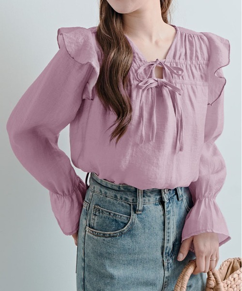 kirakiraShop(キラキラショップ)の「リボンギャザー フリル シアー ブラウス(シャツ/ブラウス・レディース・ピンク/クリーム・FREE)」の2枚目の写真