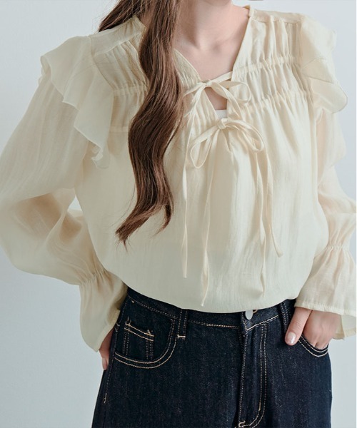 kirakiraShop(キラキラショップ)の「リボンギャザー フリル シアー ブラウス(シャツ/ブラウス・レディース・ピンク/クリーム・FREE)」の4枚目の写真