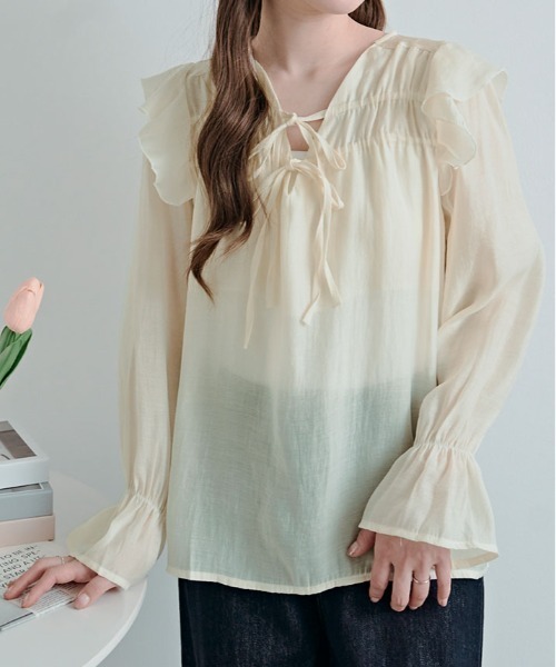 kirakiraShop(キラキラショップ)の「リボンギャザー フリル シアー ブラウス(シャツ/ブラウス・レディース・ピンク/クリーム・FREE)」の6枚目の写真