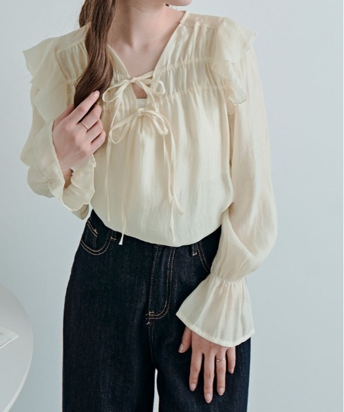 kirakiraShop(キラキラショップ)の「リボンギャザー フリル シアー ブラウス(シャツ/ブラウス・レディース・ピンク/クリーム・FREE)」の7枚目の写真