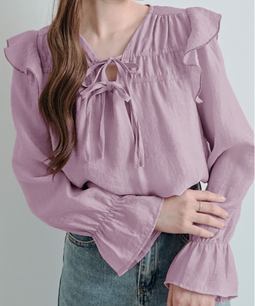 kirakiraShop(キラキラショップ)の「リボンギャザー フリル シアー ブラウス(シャツ/ブラウス・レディース・ピンク/クリーム・FREE)」の11枚目の写真