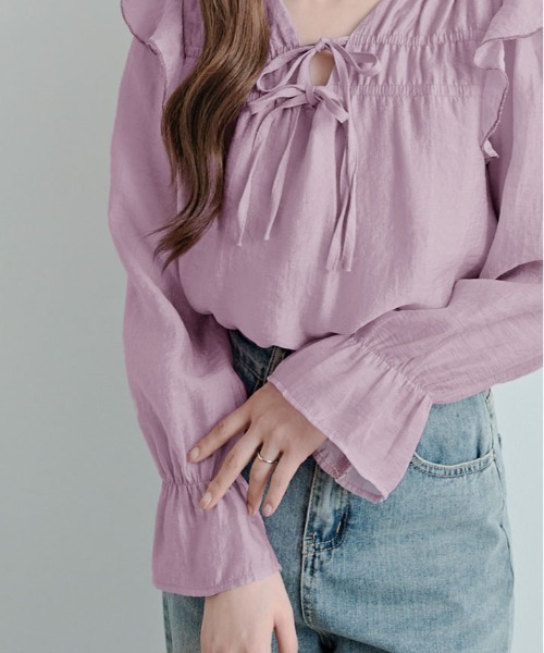 kirakiraShop(キラキラショップ)の「リボンギャザー フリル シアー ブラウス(シャツ/ブラウス・レディース・ピンク/クリーム・FREE)」の13枚目の写真