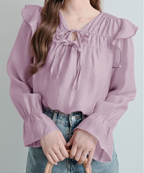 kirakiraShop(キラキラショップ)の「リボンギャザー フリル シアー ブラウス(シャツ/ブラウス・レディース・ピンク/クリーム・FREE)」の15枚目の写真