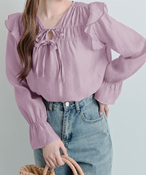 kirakiraShop(キラキラショップ)の「リボンギャザー フリル シアー ブラウス(シャツ/ブラウス・レディース・ピンク/クリーム・FREE)」の16枚目の写真