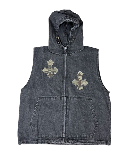 セール】Cross Denim Hood Zip-Up ((black))（ベスト）｜SK8ER ROCK