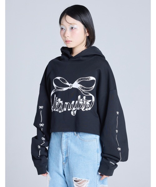 Little sunny bite(リトルサニーバイト)の「【RES】【Little sunny bite】short ribbon sweat hoodie(パーカー・レディース・ピンク/ブラック/ホワイト・MEDIUM/SMALL)」の4枚目の写真