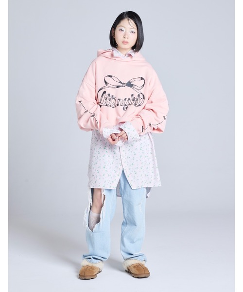 Little sunny bite(リトルサニーバイト)の「【RES】【Little sunny bite】short ribbon sweat hoodie(パーカー・レディース・ピンク/ブラック/ホワイト・MEDIUM/SMALL)」の12枚目の写真
