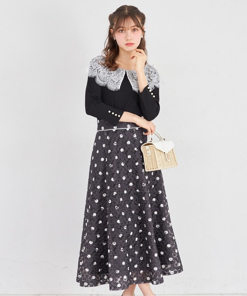 tocco closet（トッコ　クローゼット）の「フラワーレースドットプリントフレアスカート（スカート・レディース・ブラック/オフホワイト・M）」の16枚目の写真