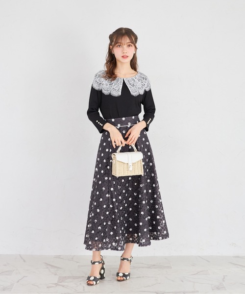 tocco closet（トッコ　クローゼット）の「フラワーレースドットプリントフレアスカート（スカート・レディース・ブラック/オフホワイト・M）」の12枚目の写真