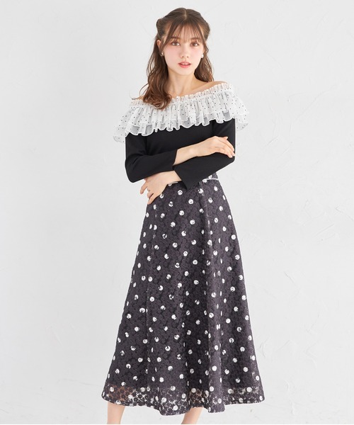 tocco closet（トッコ　クローゼット）の「フラワーレースドットプリントフレアスカート（スカート・レディース・ブラック/オフホワイト・M）」の15枚目の写真
