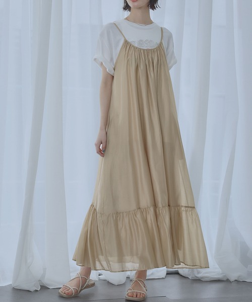 LOWO(ロワ)の「ギャザーティアード キャミソールワンピース ロング(ワンピース・レディース・ブラック/ベージュ/ホワイト/ミント・FREE)」の15枚目の写真