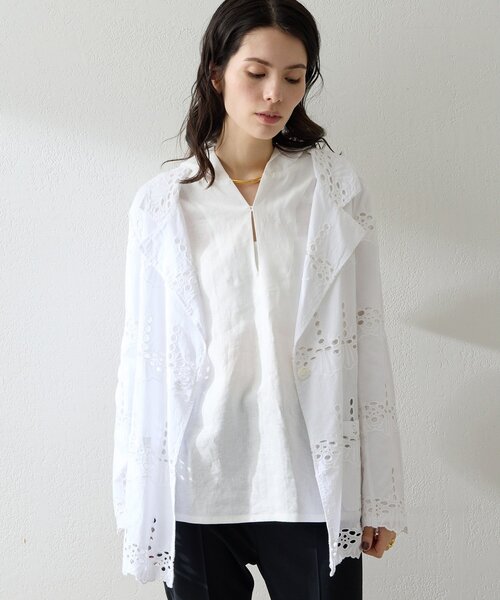 Whim Gazette(ウィムガゼット)の「レースジャケット(テーラードジャケット・レディース・オフホワイト/チャコールグレー・FREE)」の1枚目の写真