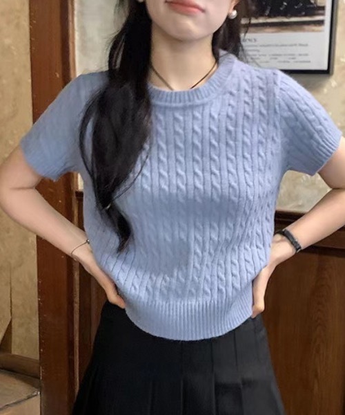 Teem Store(チームストア)の「ケーブル編み薄手夏ニット(Tシャツ/カットソー・レディース・グレー/サックスブルー/ブラック/ネイビー/ホワイト/アイボリー/ピンク・F)」の6枚目の写真