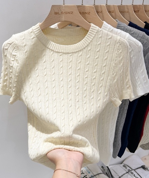 Teem Store(チームストア)の「ケーブル編み薄手夏ニット(Tシャツ/カットソー・レディース・グレー/サックスブルー/ブラック/ネイビー/ホワイト/アイボリー/ピンク・F)」の19枚目の写真