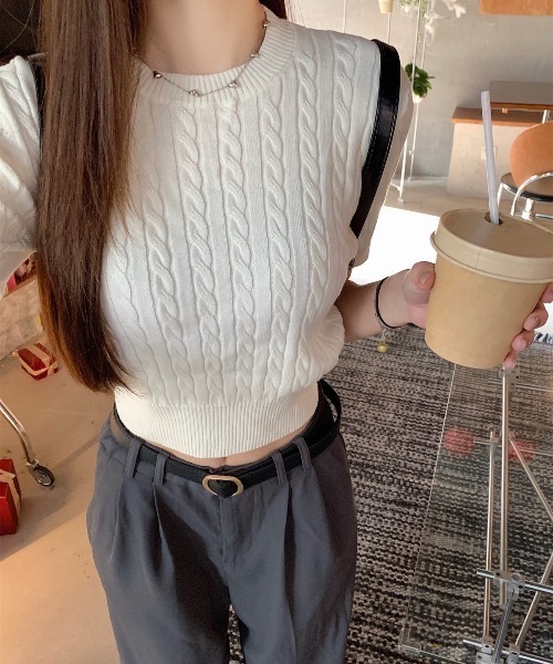 Teem Store(チームストア)の「ケーブル編み薄手夏ニット(Tシャツ/カットソー・レディース・グレー/サックスブルー/ブラック/ネイビー/ホワイト/アイボリー/ピンク・F)」の13枚目の写真