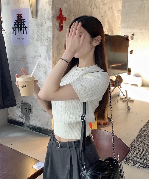 Teem Store(チームストア)の「ケーブル編み薄手夏ニット(Tシャツ/カットソー・レディース・グレー/サックスブルー/ブラック/ネイビー/ホワイト/アイボリー/ピンク・F)」の14枚目の写真