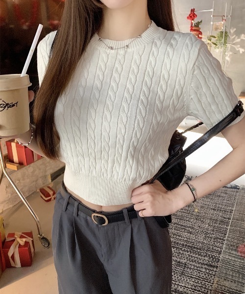 Teem Store(チームストア)の「ケーブル編み薄手夏ニット(Tシャツ/カットソー・レディース・グレー/サックスブルー/ブラック/ネイビー/ホワイト/アイボリー/ピンク・F)」の15枚目の写真