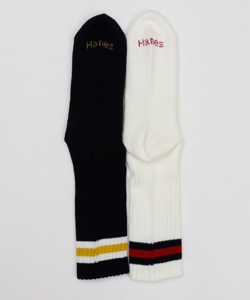 HANES（ヘインズ）の「Hanes（ヘインズ）フルパイル フルレングス ラインソックス 2足組/メンズ リブソックス（ソックス/靴下・メンズ・ホワイト×ネイビー・M）」の5枚目の写真