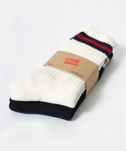 HANES（ヘインズ）の「Hanes（ヘインズ）フルパイル フルレングス ラインソックス 2足組/メンズ リブソックス（ソックス/靴下・メンズ・ホワイト×ネイビー・M）」の9枚目の写真