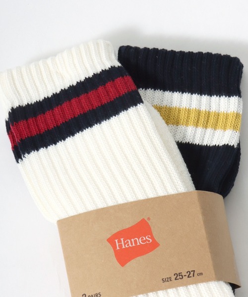 HANES（ヘインズ）の「Hanes（ヘインズ）フルパイル フルレングス ラインソックス 2足組/メンズ リブソックス（ソックス/靴下・メンズ・ホワイト×ネイビー・M）」の6枚目の写真