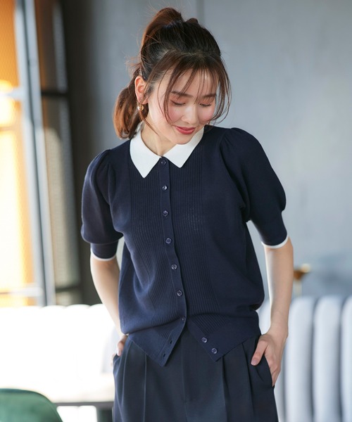 RUIRUE BOUTIQUE(ルイルエブティック)の「洗える/ストレッチ | 衿つき パフスリーブ ニット カーデ | カーディガン・ニットカーディガン・トップス・ニットトップス・サマーニット・シアートップス(カーディガン/ボレロ・レディース・ブラック×ホワイト/ホワイト/ネイビー/ネイビー×ホワイト・M/L)」の4枚目の写真